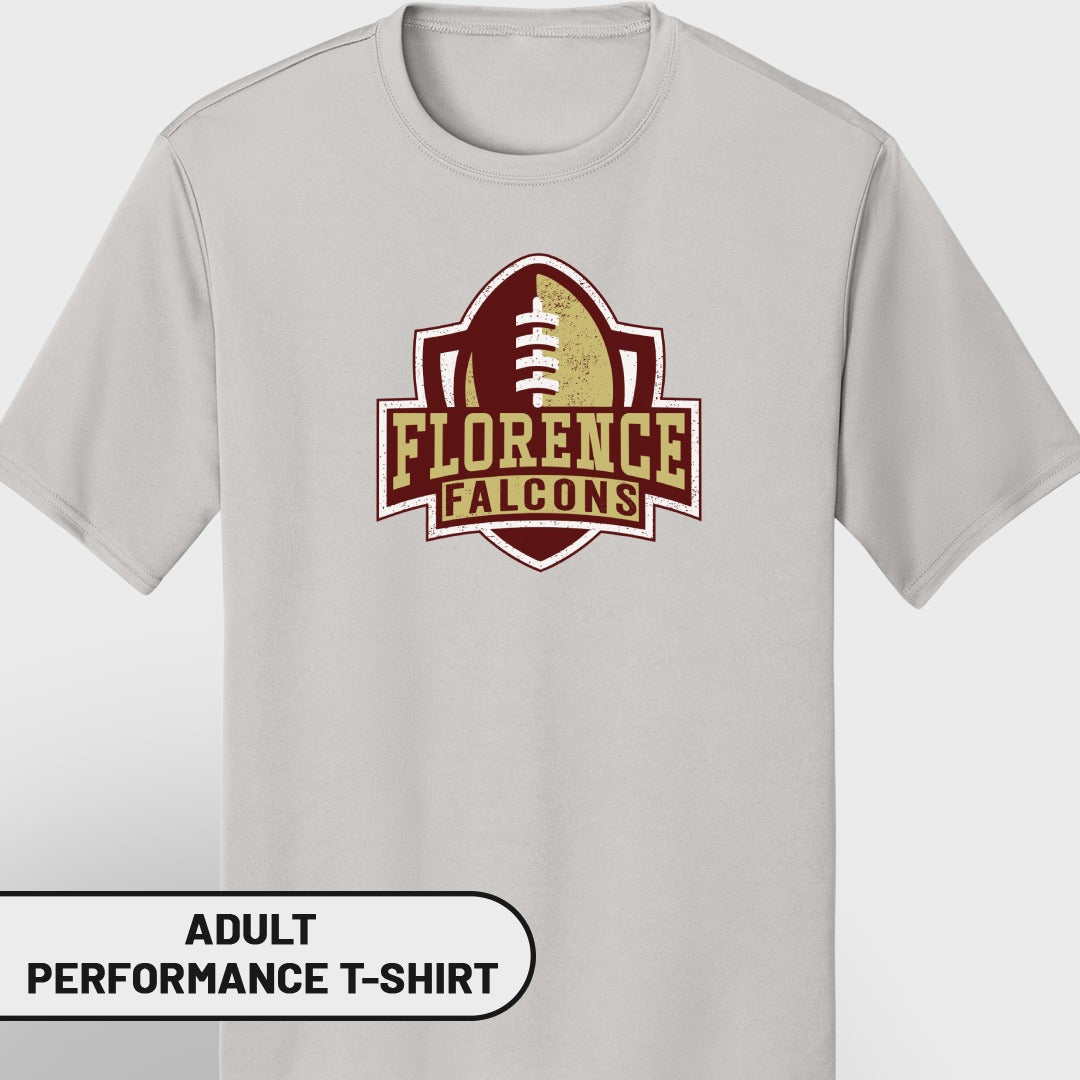 Light gray adult performance t-shirt with Florence Falcons football team logo.