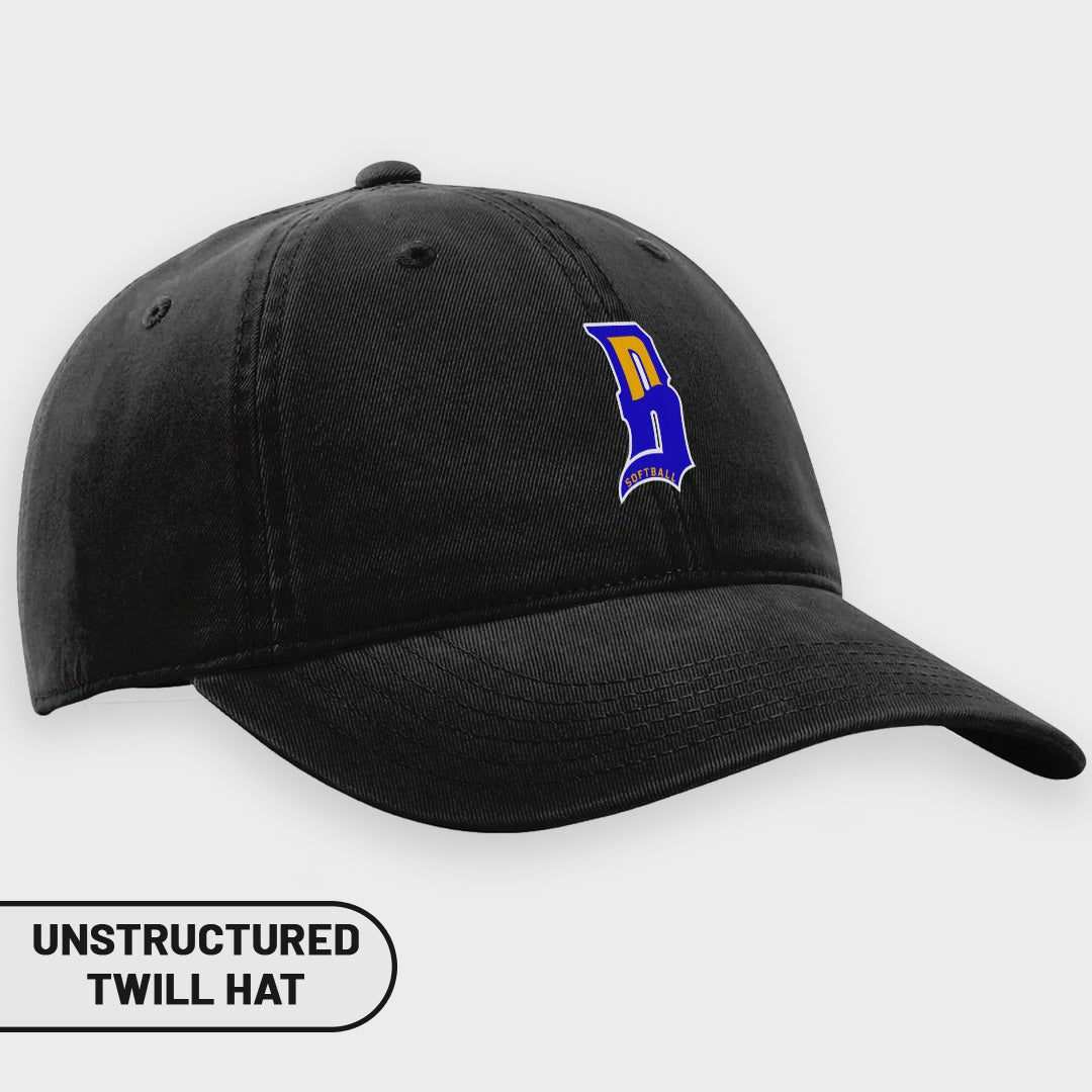 Black unstructured twill hat with blue and yellow 'B' softball logo.