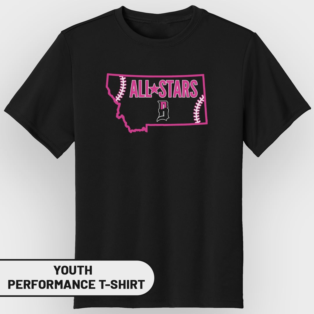 Black youth t-shirt with "All-Stars" and a Montana outline logo.