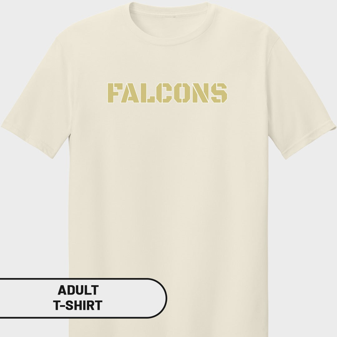 Cream adult t-shirt with gold "FALCONS" text across the chest.