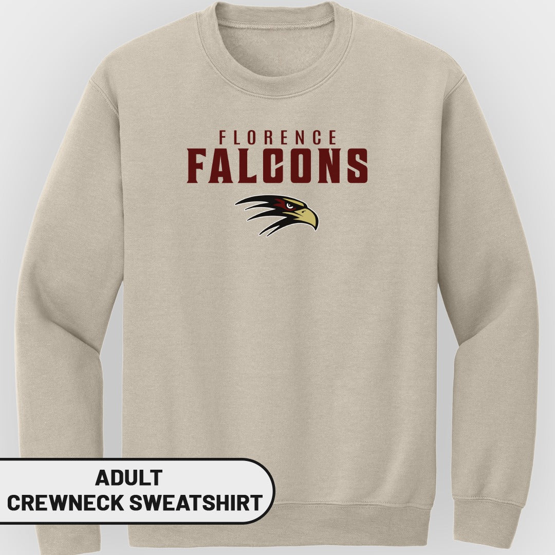Adult crewneck sweatshirt with Florence Falcons logo and eagle mascot.