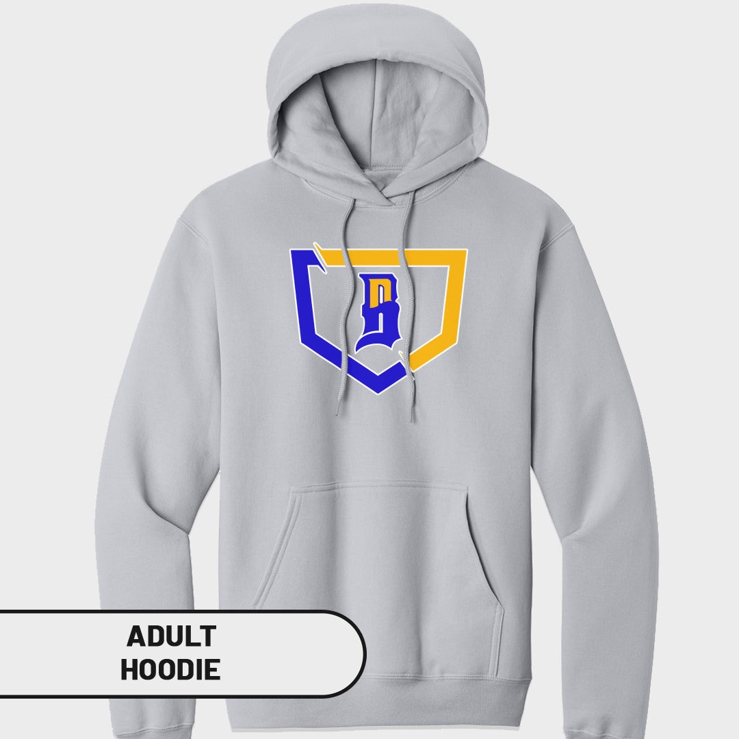 Gray adult hoodie with blue and yellow shield logo.