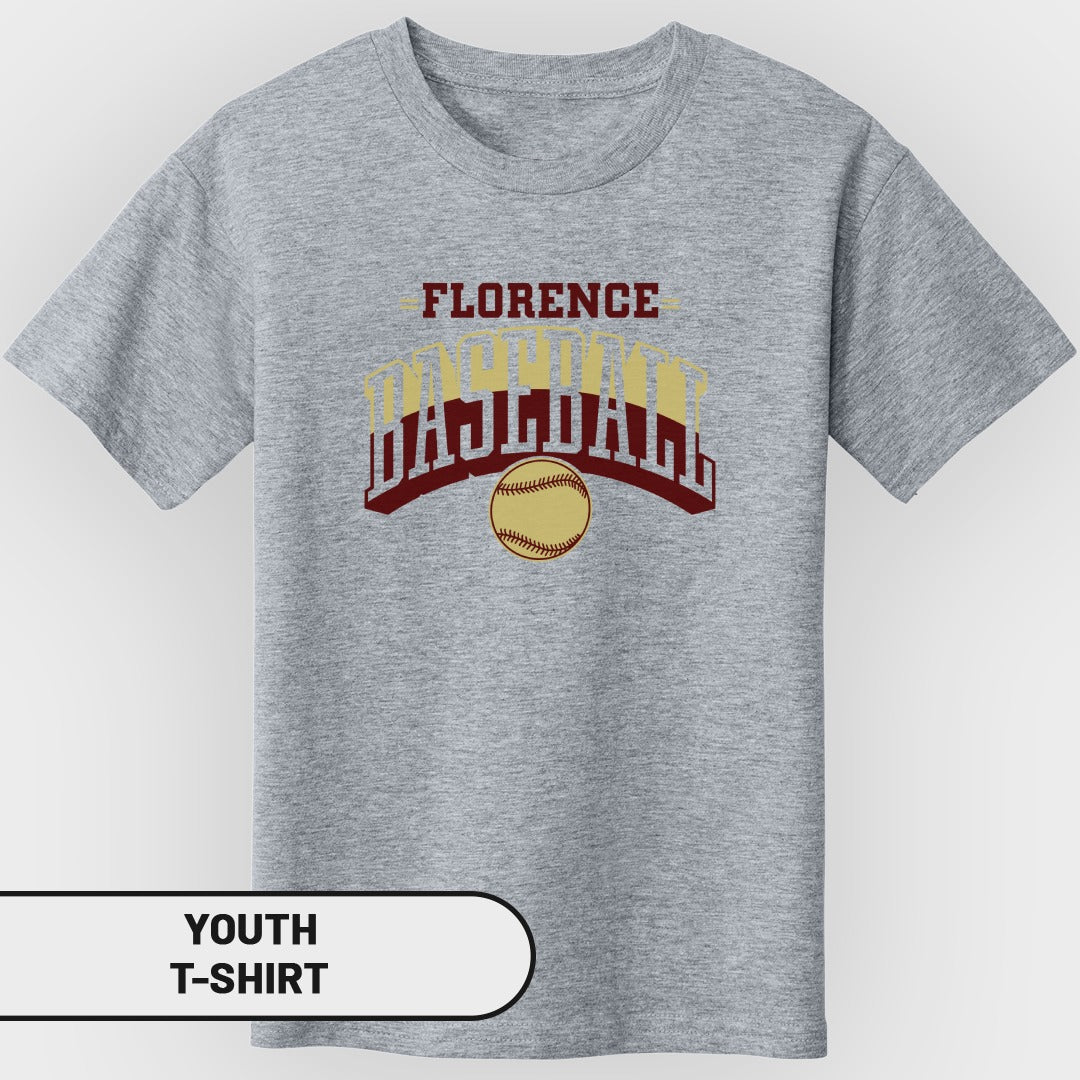Grey youth t-shirt with "FLORENCE DAWGTAIL" text and a softball graphic.