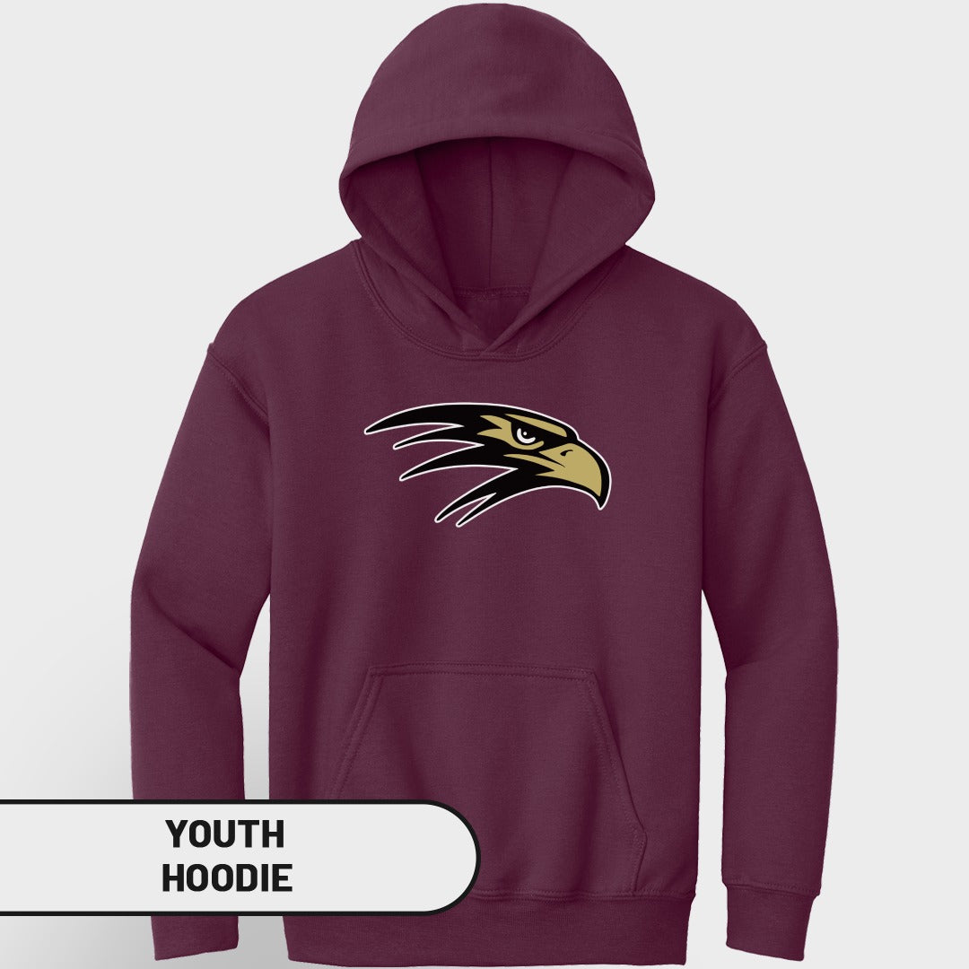 Maroon youth hoodie with a black and gold eagle head logo and text overlay.