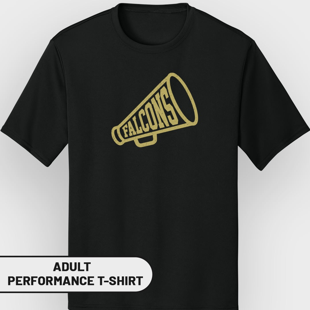 Black t-shirt with gold distressed "FALCONS" megaphone graphic.