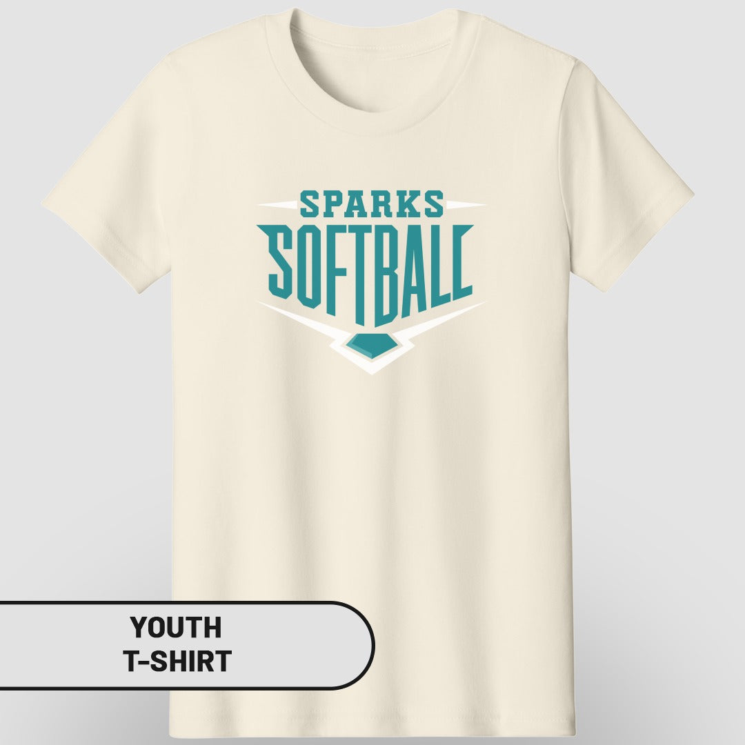 Cream youth t-shirt with "SPARKS SOFTBALL" text and lightning bolt graphic.
