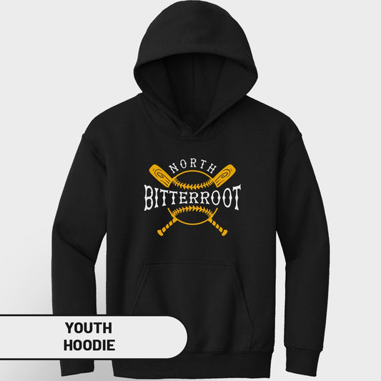 Black youth hoodie with crossed baseball bats and ball graphic.