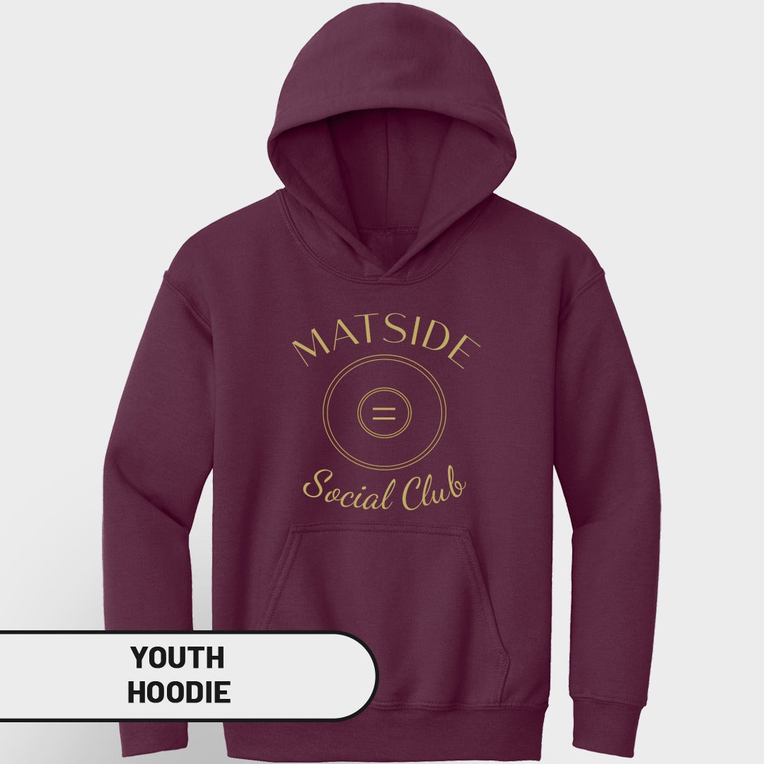 Maroon youth hoodie with "MATSIDE Social Club" logo and graphic.