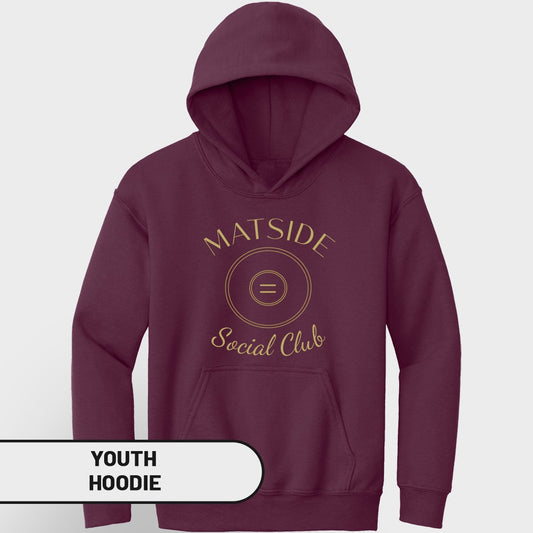 Maroon youth hoodie with "MATSIDE Social Club" logo and graphic.