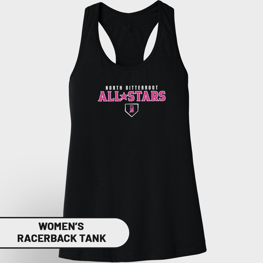 Black women's racerback tank top with "North Bitterroot All Stars" and a pink baseball logo.
