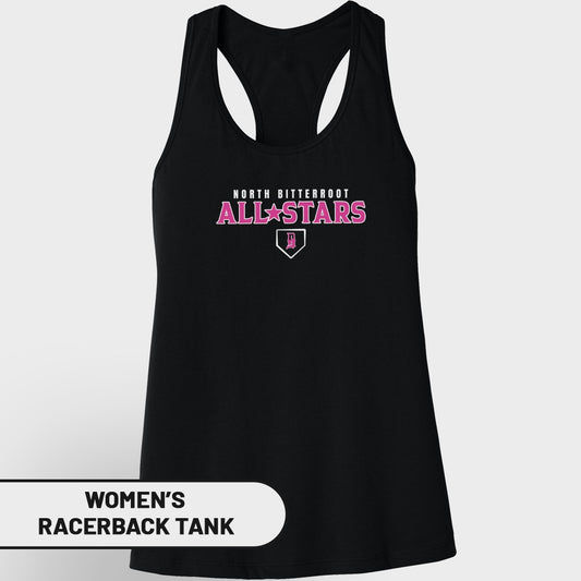 Black women's racerback tank top with "North Bitterroot All Stars" and a pink baseball logo.