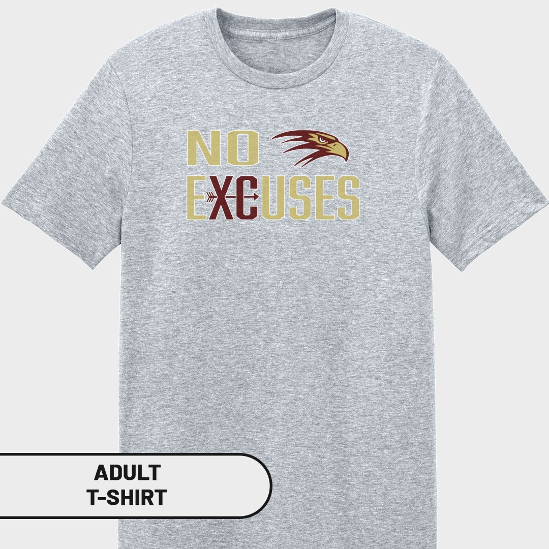 Grey adult t-shirt with "NO EXCUSES" text and a hawk head graphic.