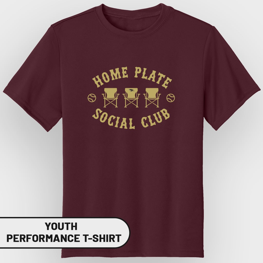 Maroon youth performance t-shirt with "Home Plate Social Club" and three chairs graphic.