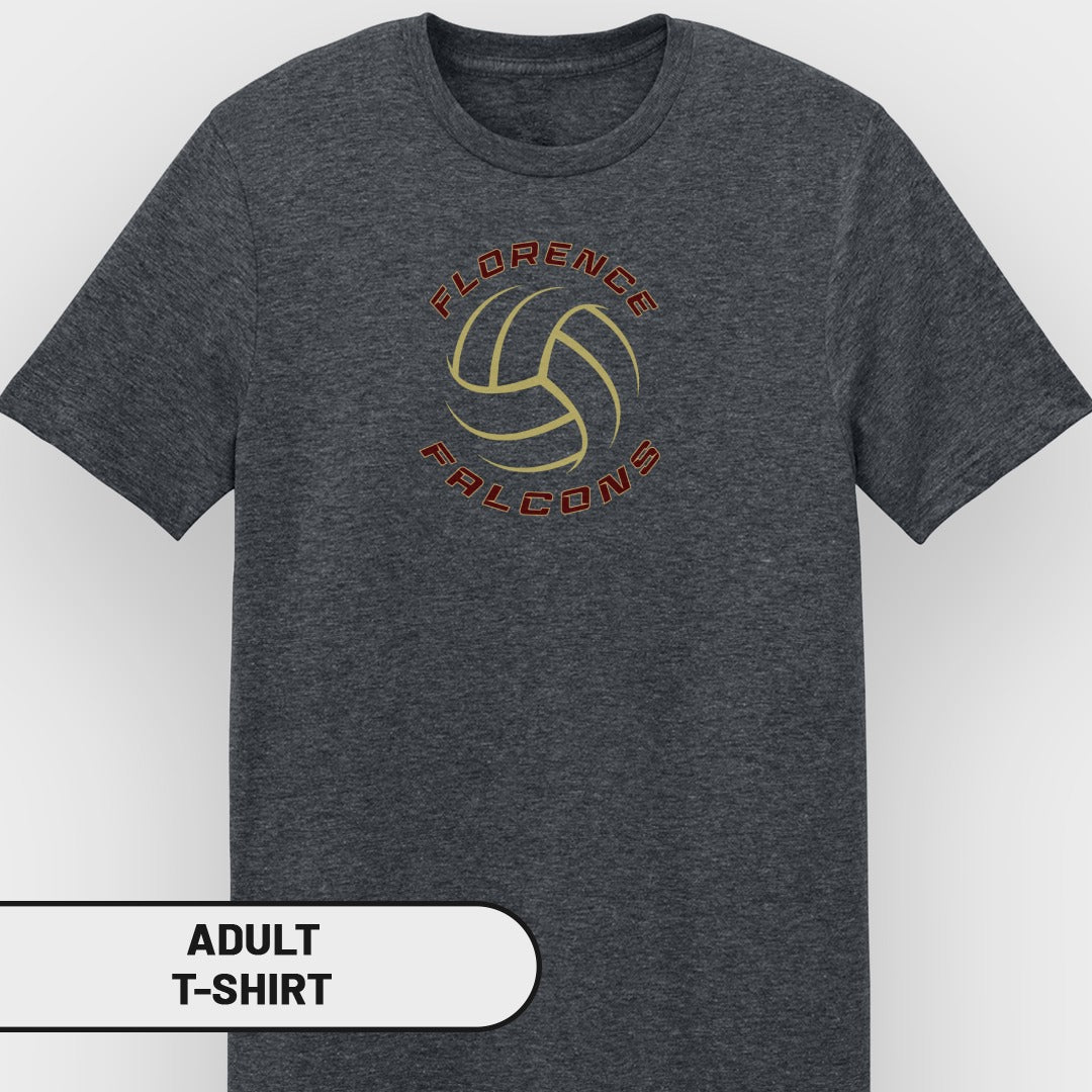 Dark gray adult t-shirt with "Florence Falcons" text around a volleyball graphic.