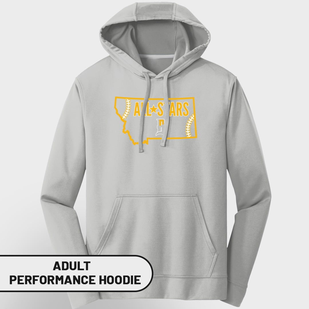Gray adult performance hoodie with "ALL STARS" baseball graphic inside Montana outline.