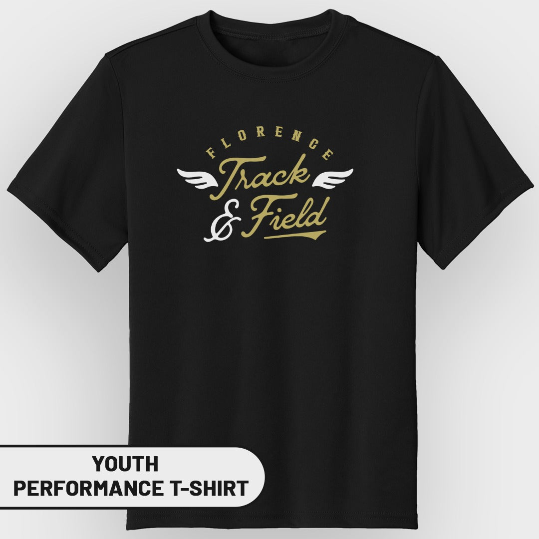 Black youth performance t-shirt with "Florence Track & Field" graphic.