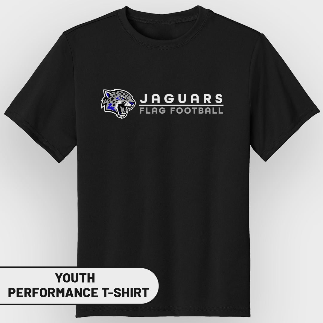Black youth performance t-shirt with Jaguars Flag Football logo.