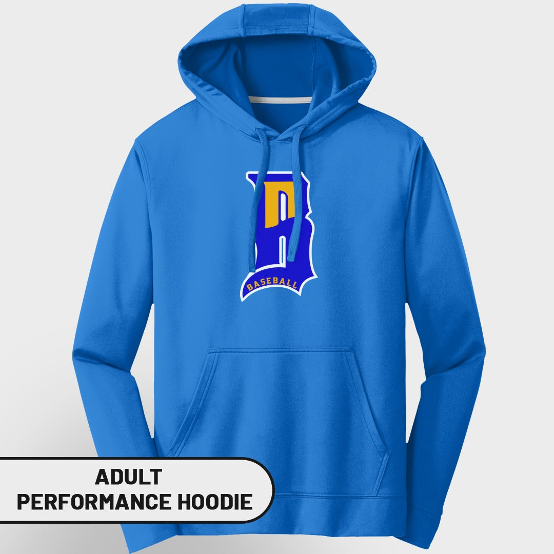 Blue performance hoodie with yellow and blue "B" baseball logo.