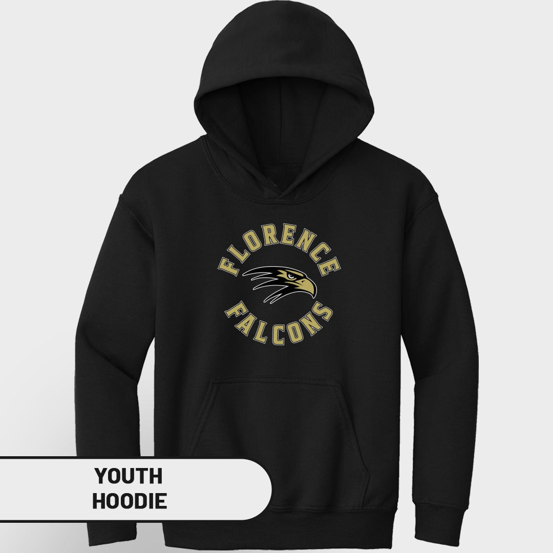 Black youth hoodie with "Florence Falcons" logo featuring a falcon head.