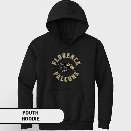 Black youth hoodie with "Florence Falcons" logo featuring a falcon head.
