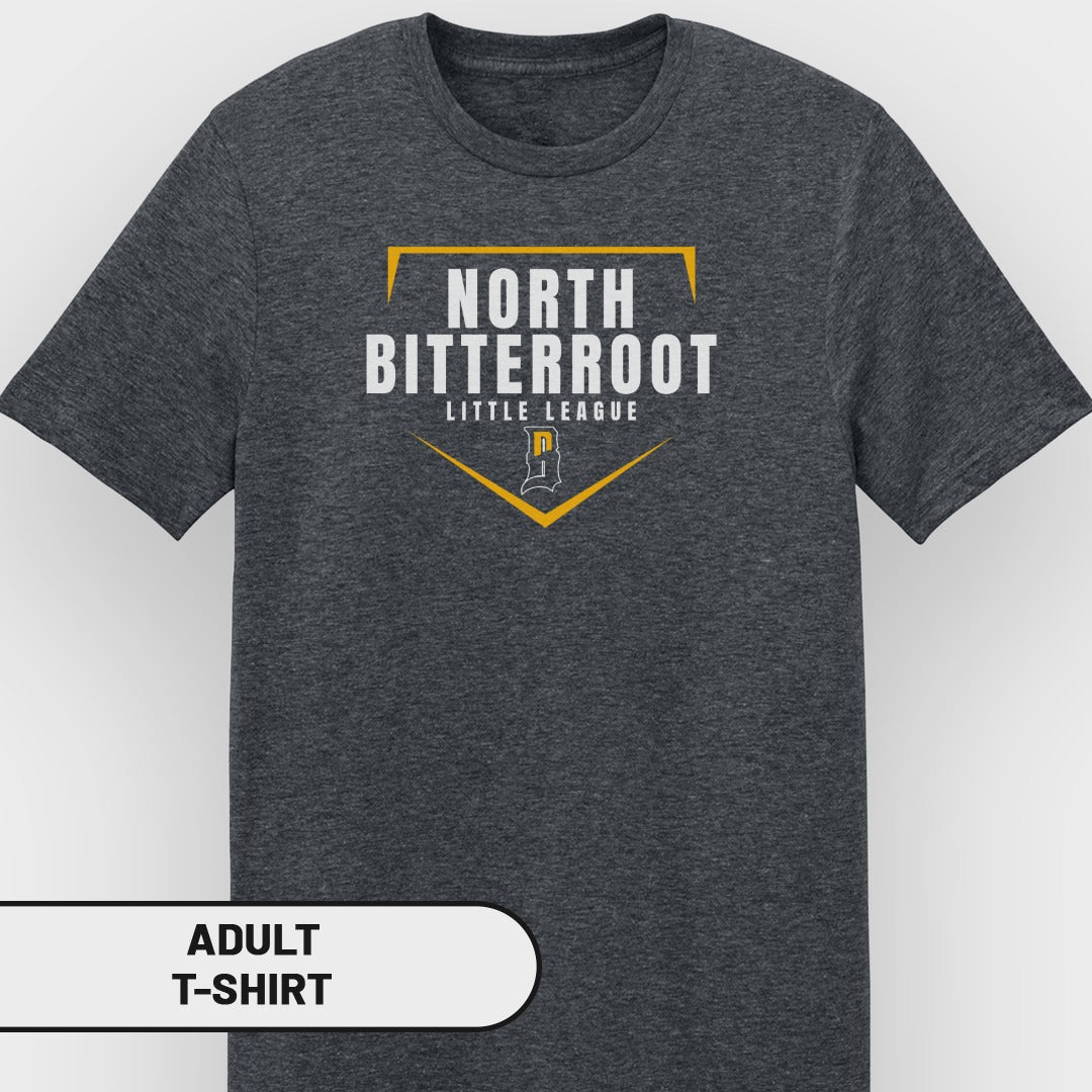 Adult dark gray t-shirt with yellow and white "North Bitterroot Little League" logo.