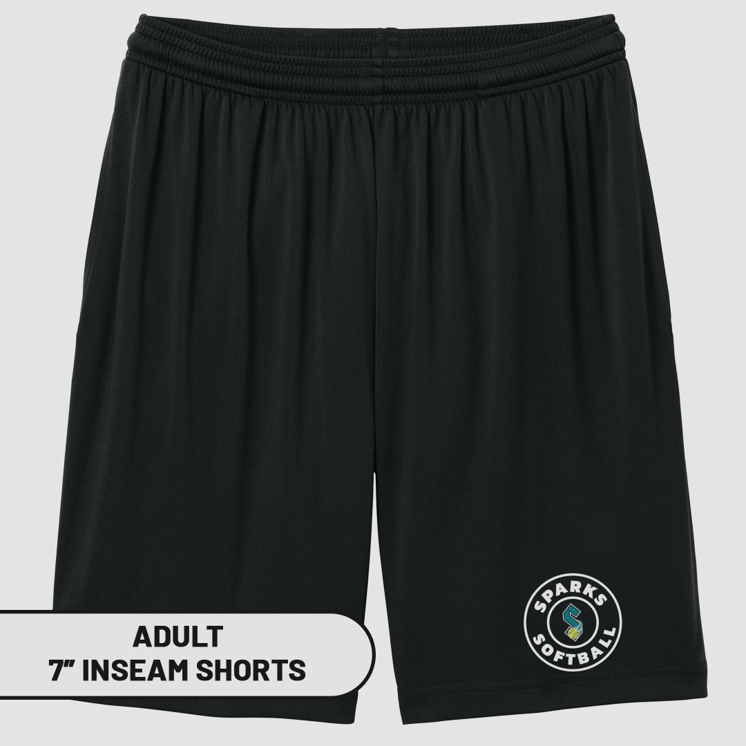 Black adult 7" inseam shorts with Sparks Softball logo.