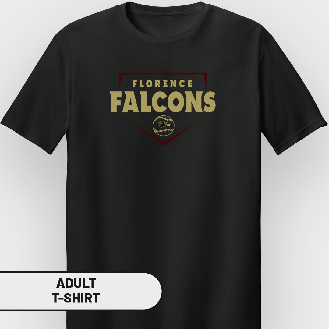 Black adult t-shirt with "Florence Falcons" logo featuring a baseball and eagle.