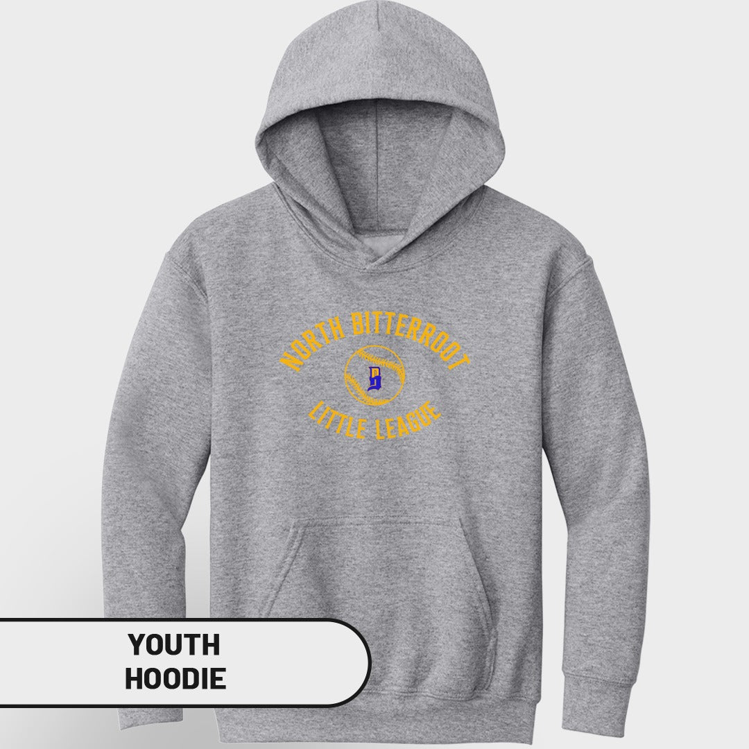 Grey youth hoodie with yellow North Bayshore Little League logo.