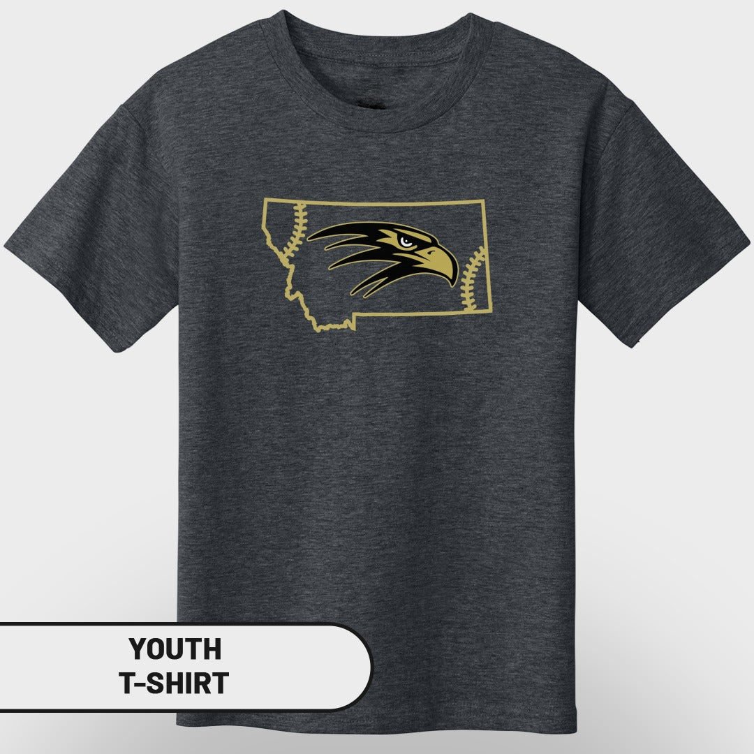 Dark grey youth t-shirt with Montana outline, eagle head, and baseball stitching graphic.