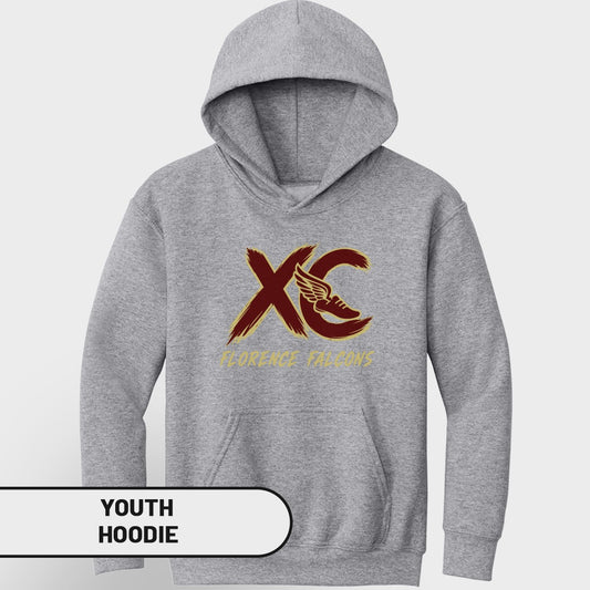 Grey youth hoodie with maroon and gold "XC Florence Falcons" graphic.