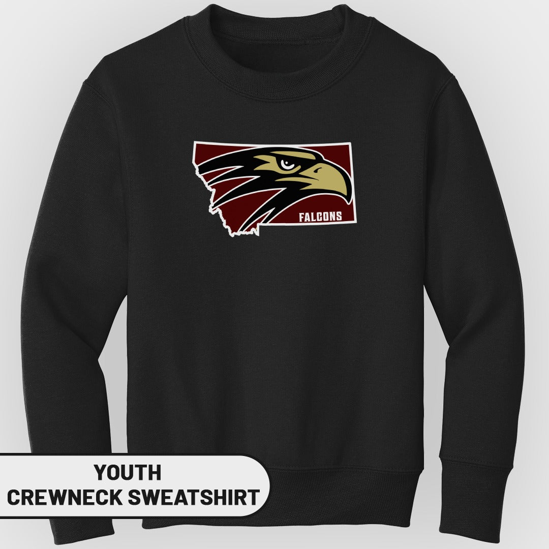Black youth crewneck sweatshirt with a Montana outline and a falcon head logo.