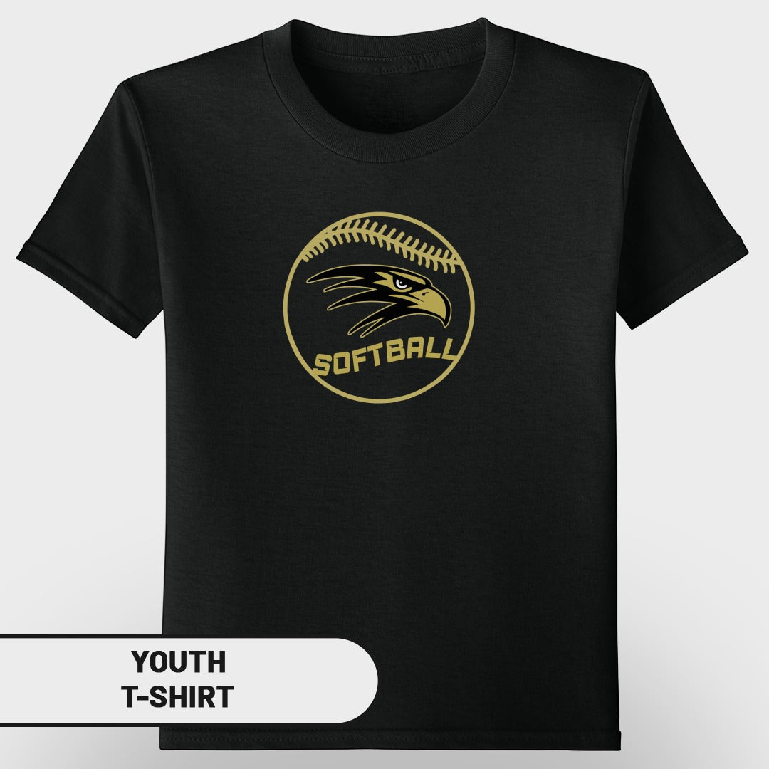 Black youth t-shirt with gold softball and eagle logo.