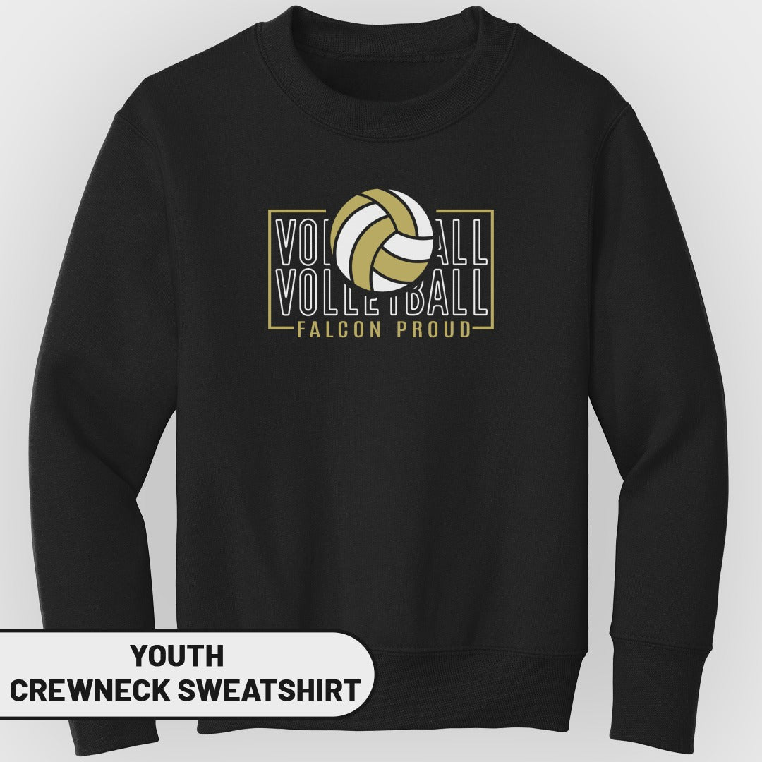 Black youth crewneck sweatshirt with "Volleyball Falcon Proud" text and graphic.