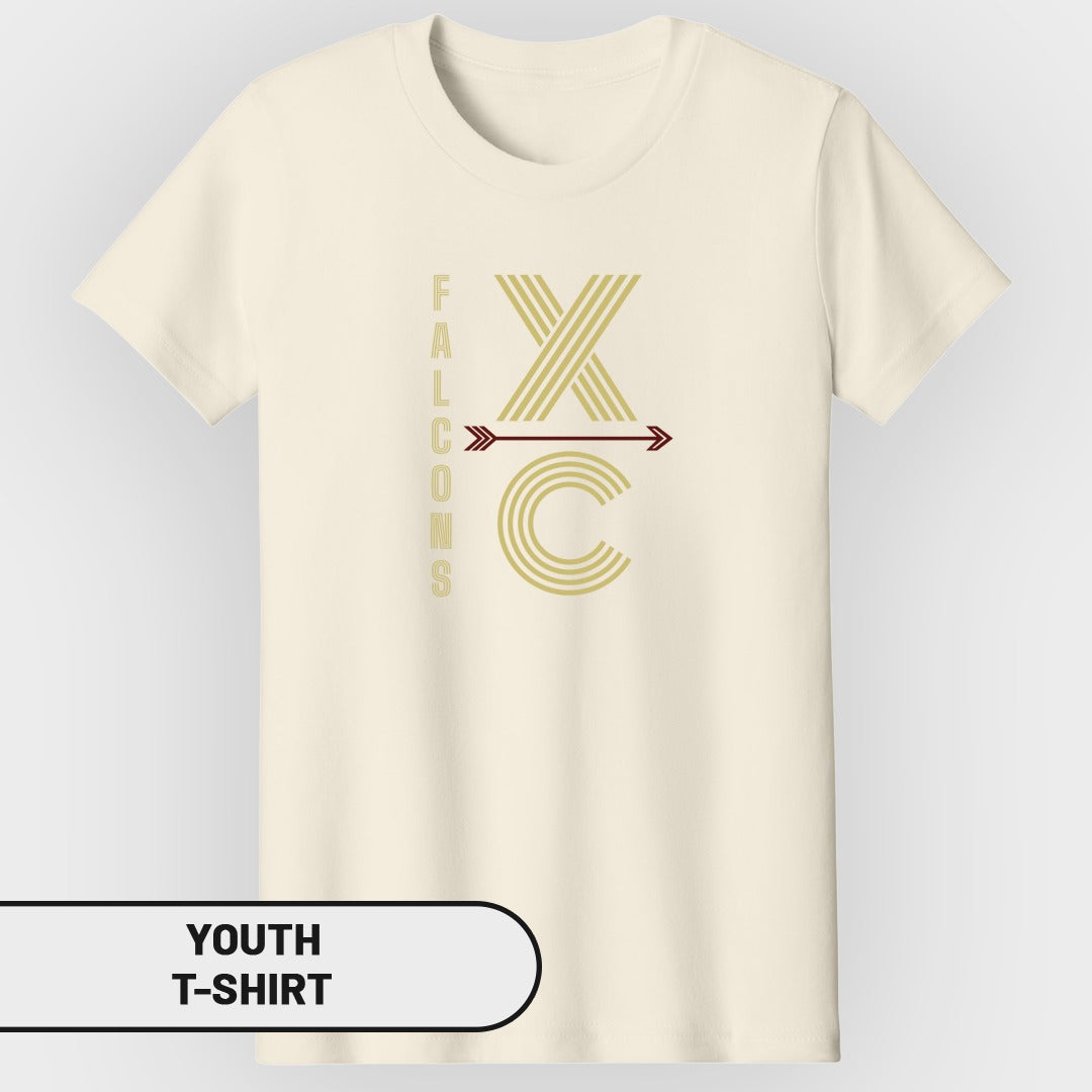 Cream youth t-shirt with "FALCONS XC" text and arrow graphic.