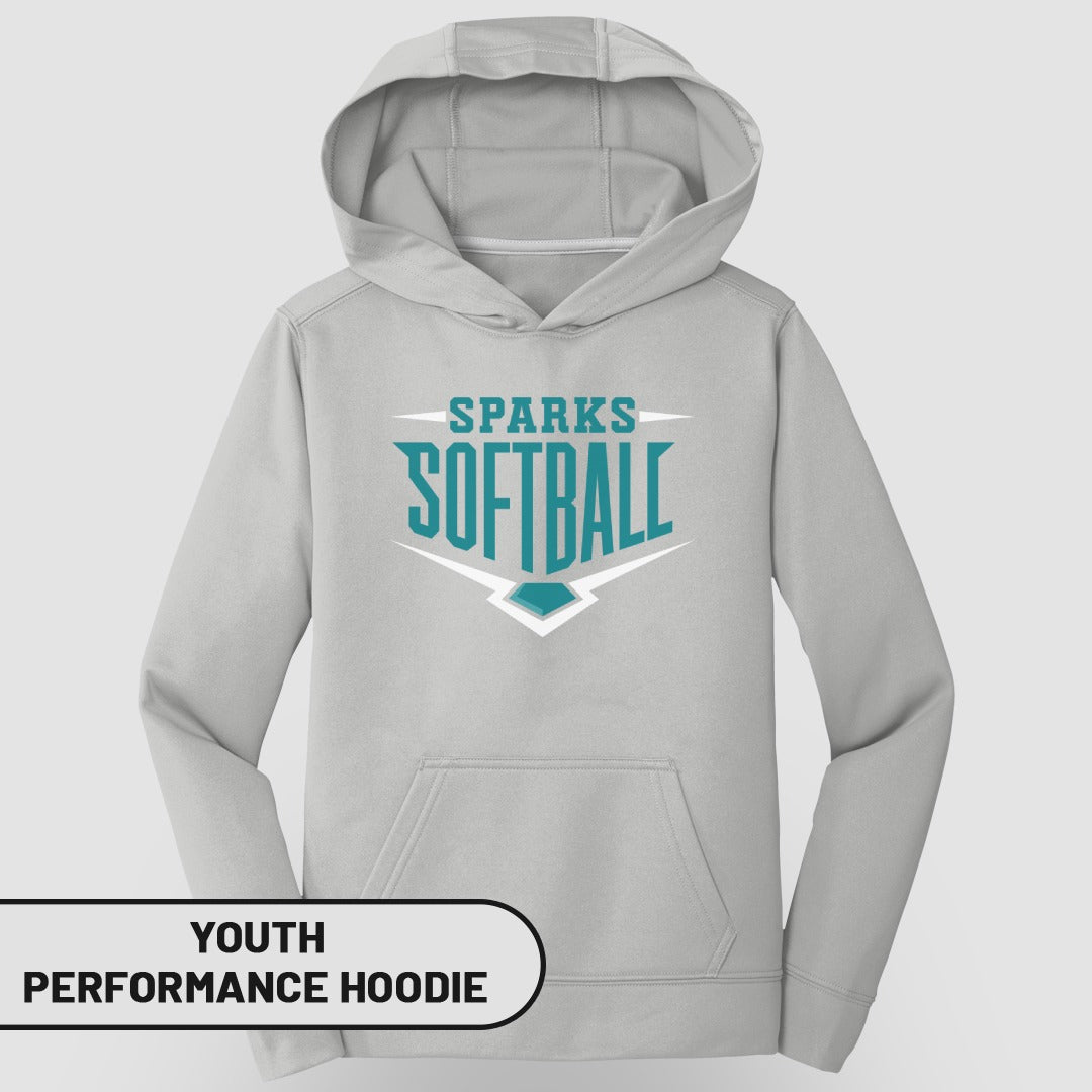Youth gray performance hoodie with "Sparks Softball" logo.