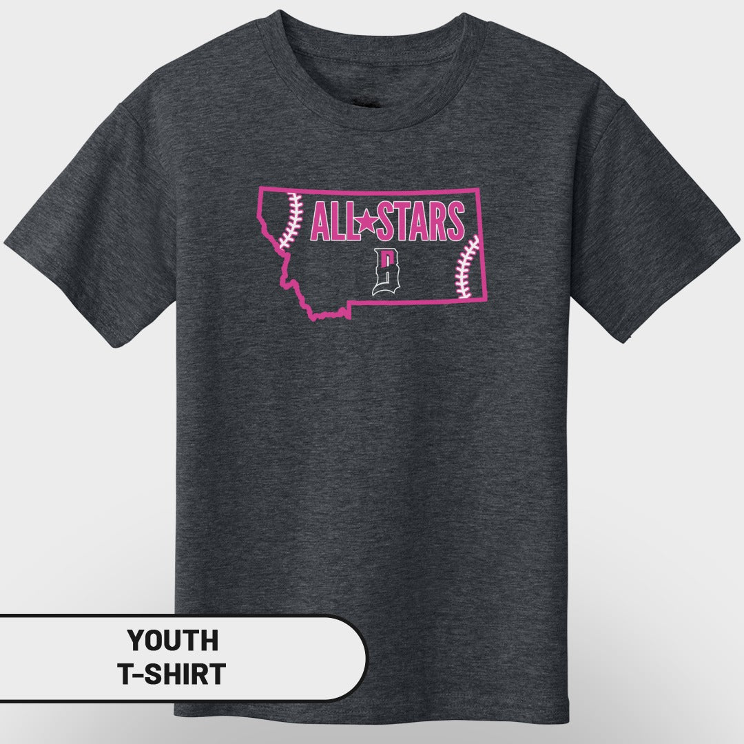 Youth t-shirt with Montana map outline and "All Stars" text.
