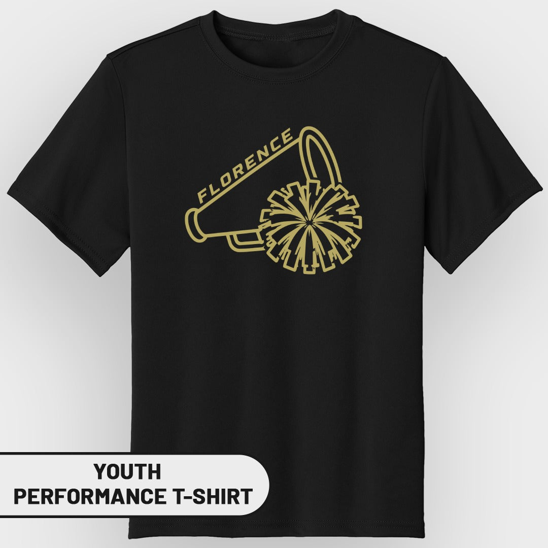 Black youth performance t-shirt with gold megaphone and pom-pom graphic and "Florence" text.