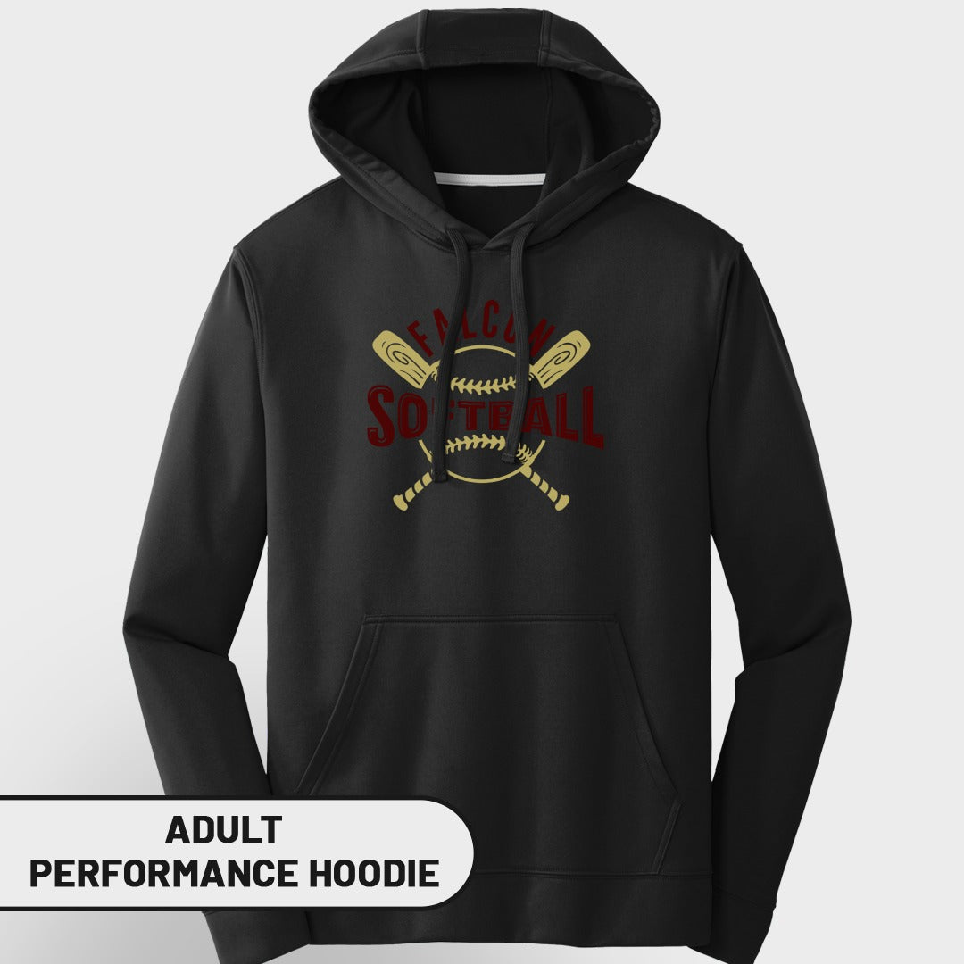 Black adult performance hoodie with "FALCONS SOFTBALL" graphic and crossed bats.