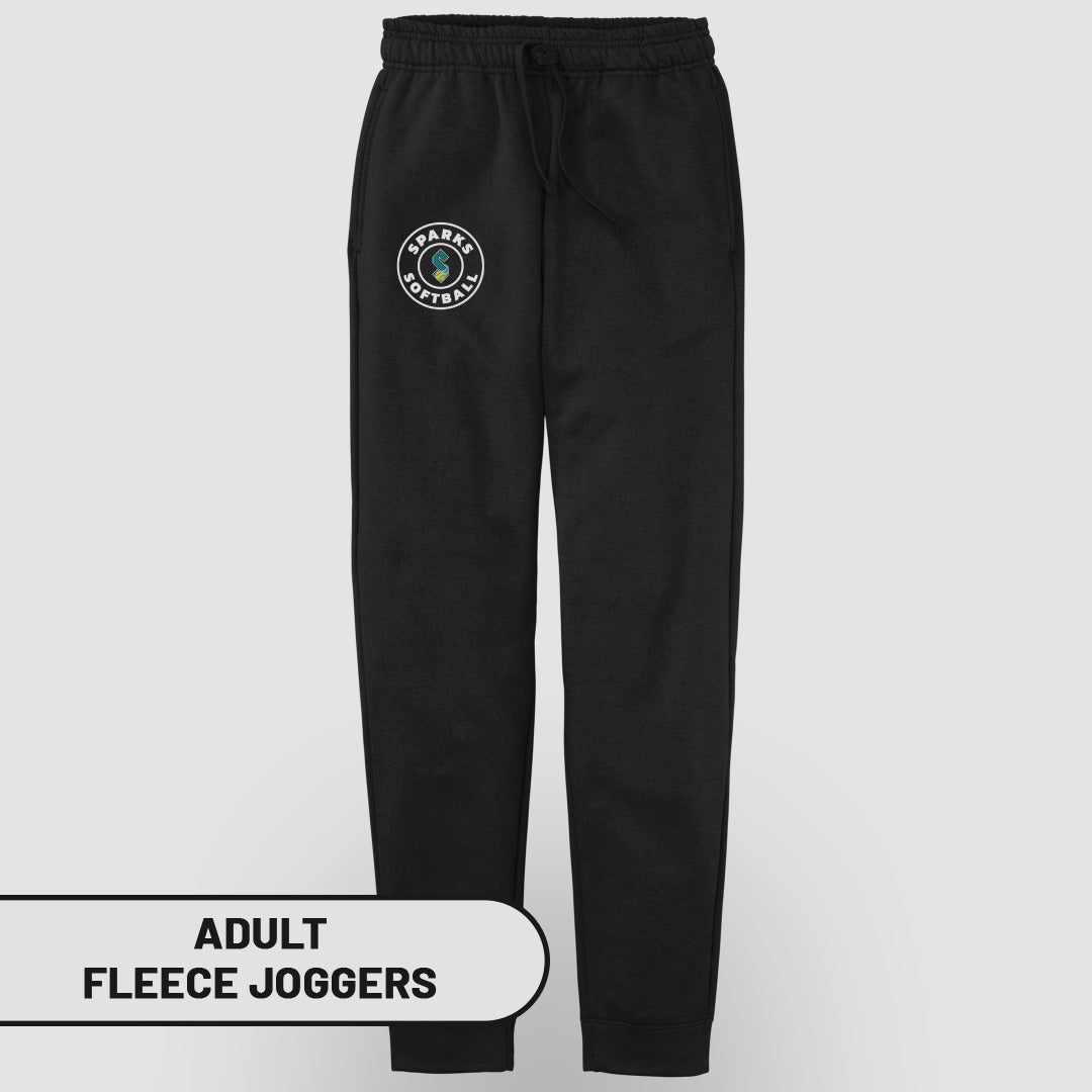 Black adult fleece joggers with "Sparks Softball" logo on left thigh.