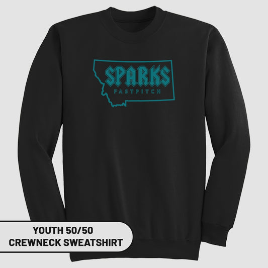 Black crewneck sweatshirt with "SPARKS FASTPITCH" text inside a Montana outline.