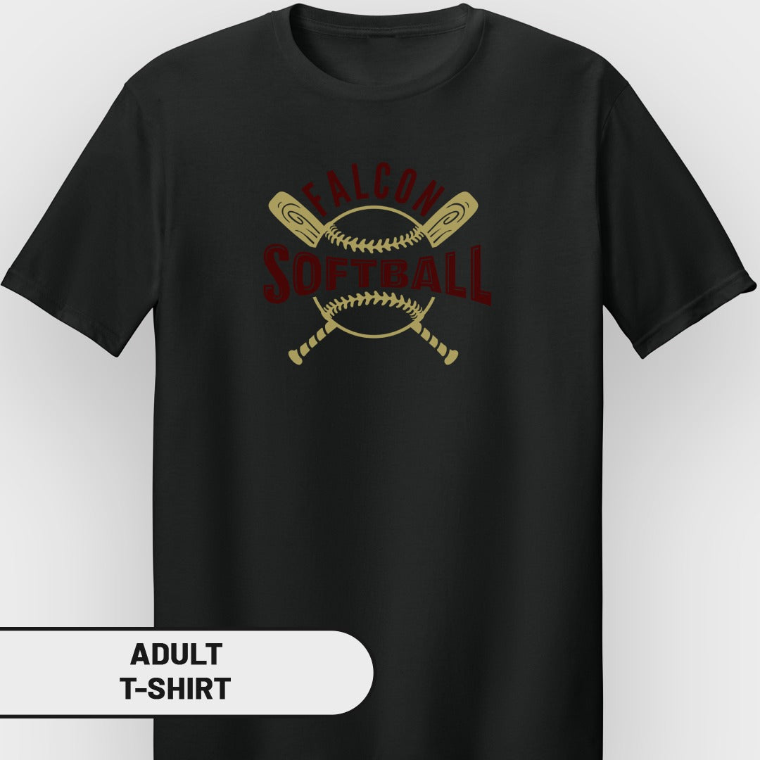 Black t-shirt with "FALCONS SOFTBALL" text and crossed bats graphic.