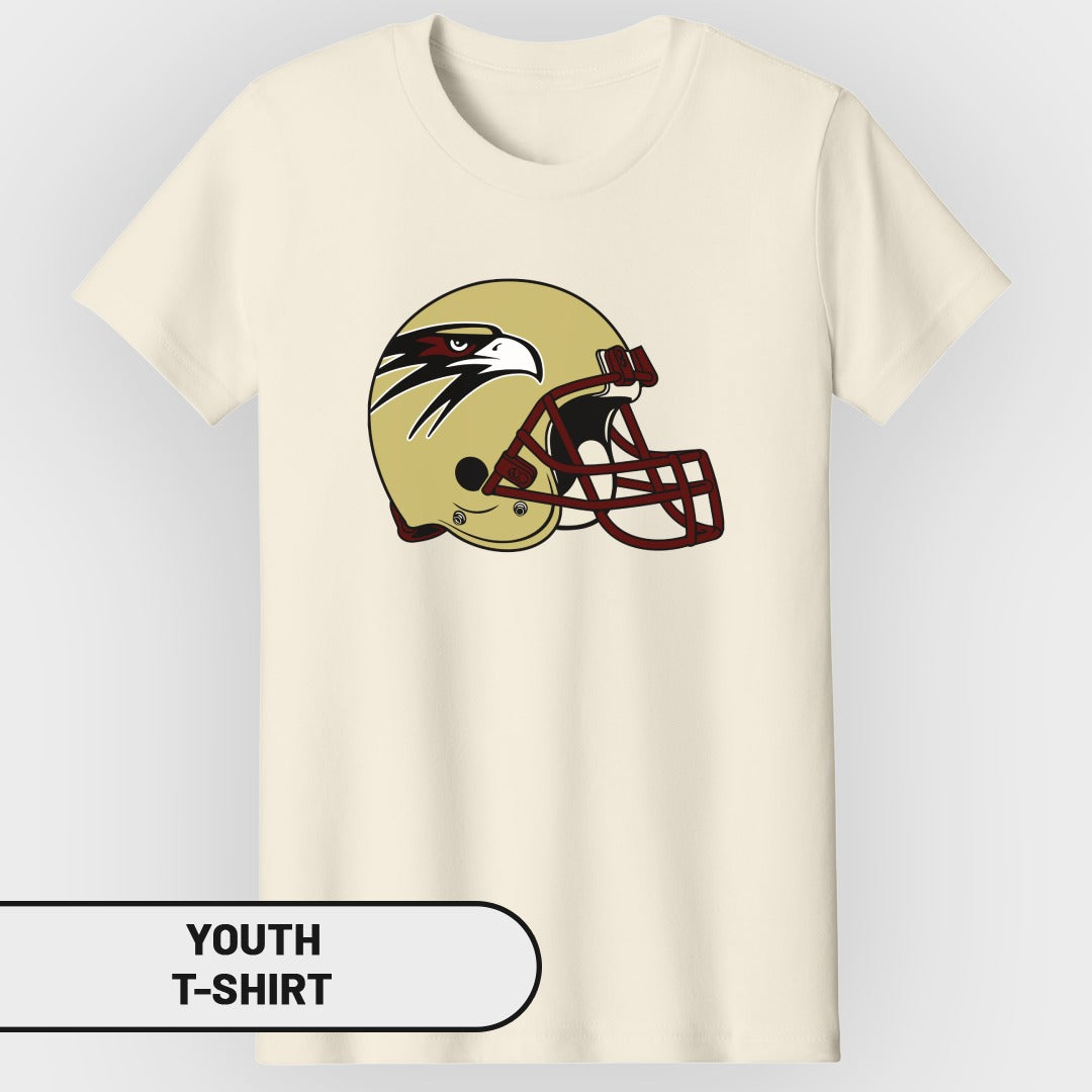 Youth t-shirt with gold football helmet featuring an eagle's head design.