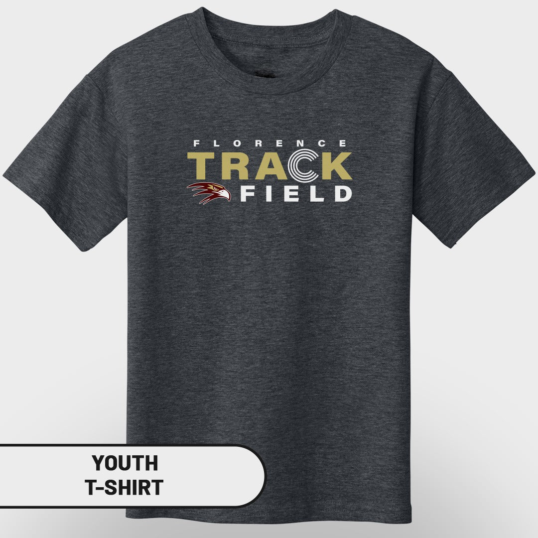 Dark grey youth t-shirt with "Florence Track Field" and hawk logo.