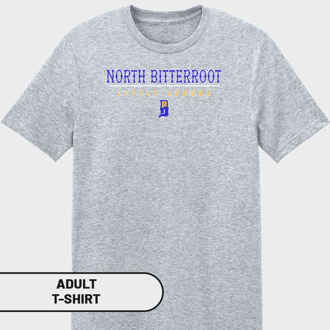 Gray adult t-shirt with "North Bitterroot Little League" and a "B" logo.