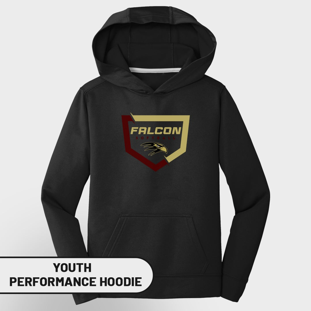 Youth black performance hoodie with Falcon Softball logo featuring a falcon.