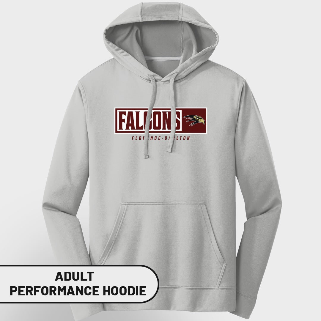 Light gray adult performance hoodie with "Falcons" logo and "Florence-Carlton".
