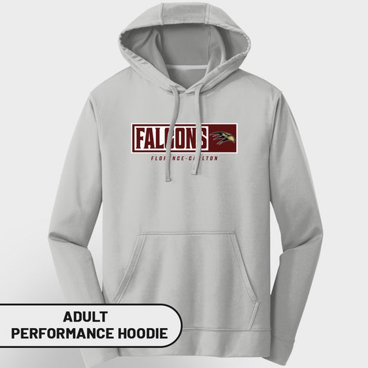 Light gray adult performance hoodie with "Falcons" logo and "Florence-Carlton".