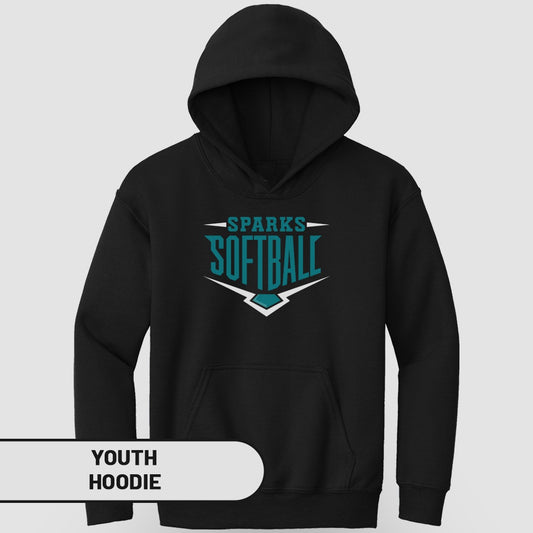 Black youth hoodie with "SPARKS SOFTBALL" logo in teal and white.