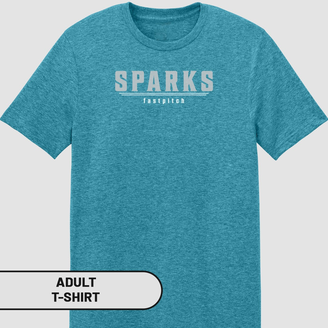 Teal adult t-shirt with "SPARKS" and "fastpitch" in gray text.