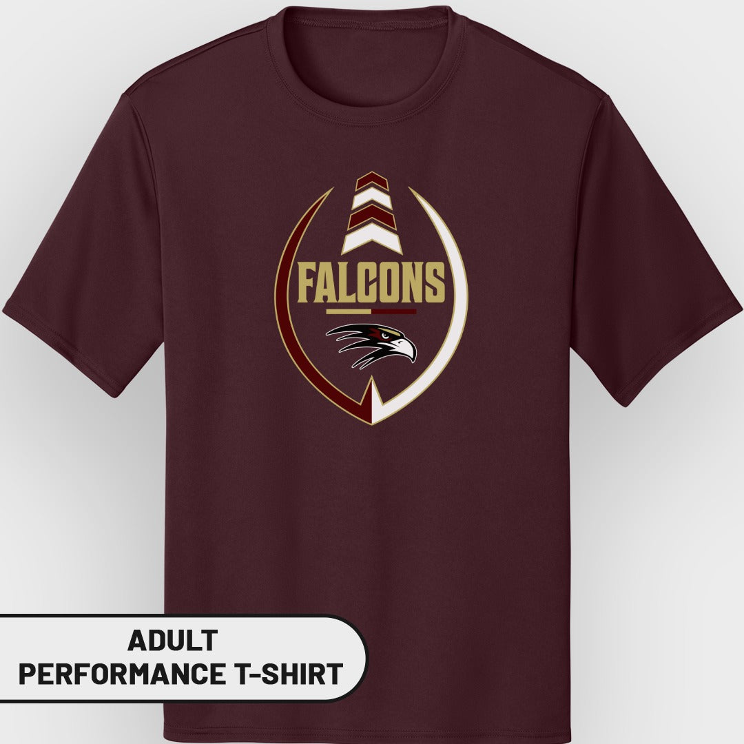 Maroon adult performance t-shirt with oval Falcons logo and eagle head.